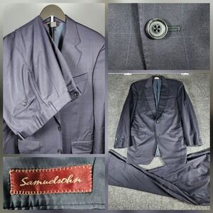 Samuelsohn 40L 2pc Suit Wool Navy Windowpane Pants 36x30 Business Formal